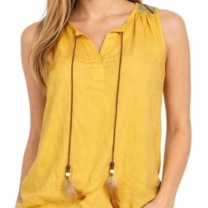 Ariat Womens Small Yellow Tencel Western Tank Feather Tie Boho Festival Chic